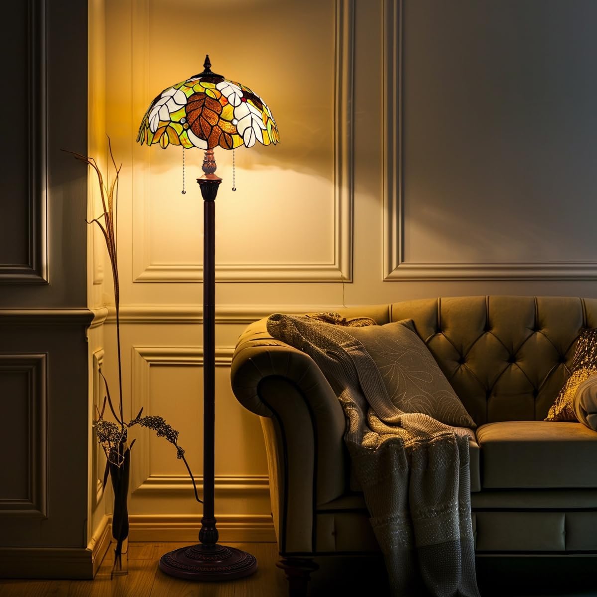 Tiffany Floor Lamp for Living Room,16 inch Stained Glass Lamp Shade,2-Lights Antique Style Standing Pole Light for Bedroom Office