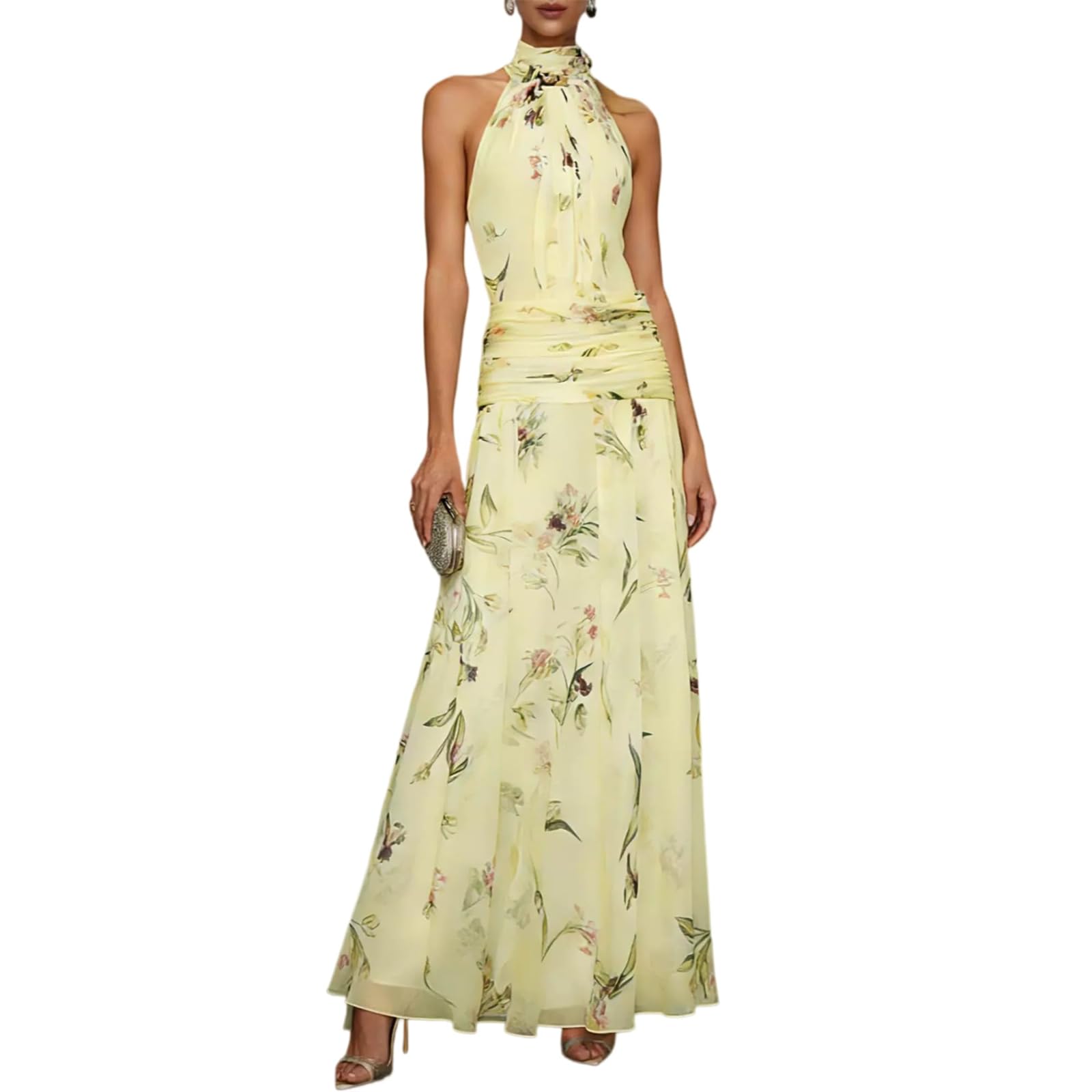 Abito Lungo da Donna in Chiffon Floreale con Scollo all'Americana, Senza Maniche, a Vita Alta, con Cintura, Linea ad A Pieghe, Aderente, Ideale per Vacanze, Matrimoni e Occasioni Speciali.