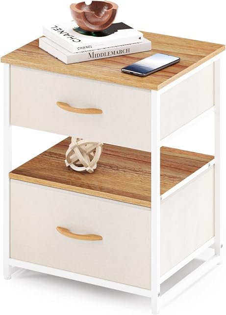 JRAO Nightstand 2-tier Metal Bedside Table Mini Bedside Storage Cabinet Small Chest of Drawers Low Sofa Side Table Narrow End Table for Living Room Bedroom Steel & Wooden White & Beige