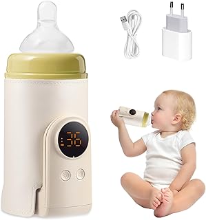 Portabler Flaschenwärmer mit 6000mAh Akku, 18W Schnellaufheizung & 6 Temperaturstufen (38-50°C), Préparateur de Biberon avec Chauffage Rapide Sans Eau, LED & Veilleuse, Portable pour Nuit & Voyage