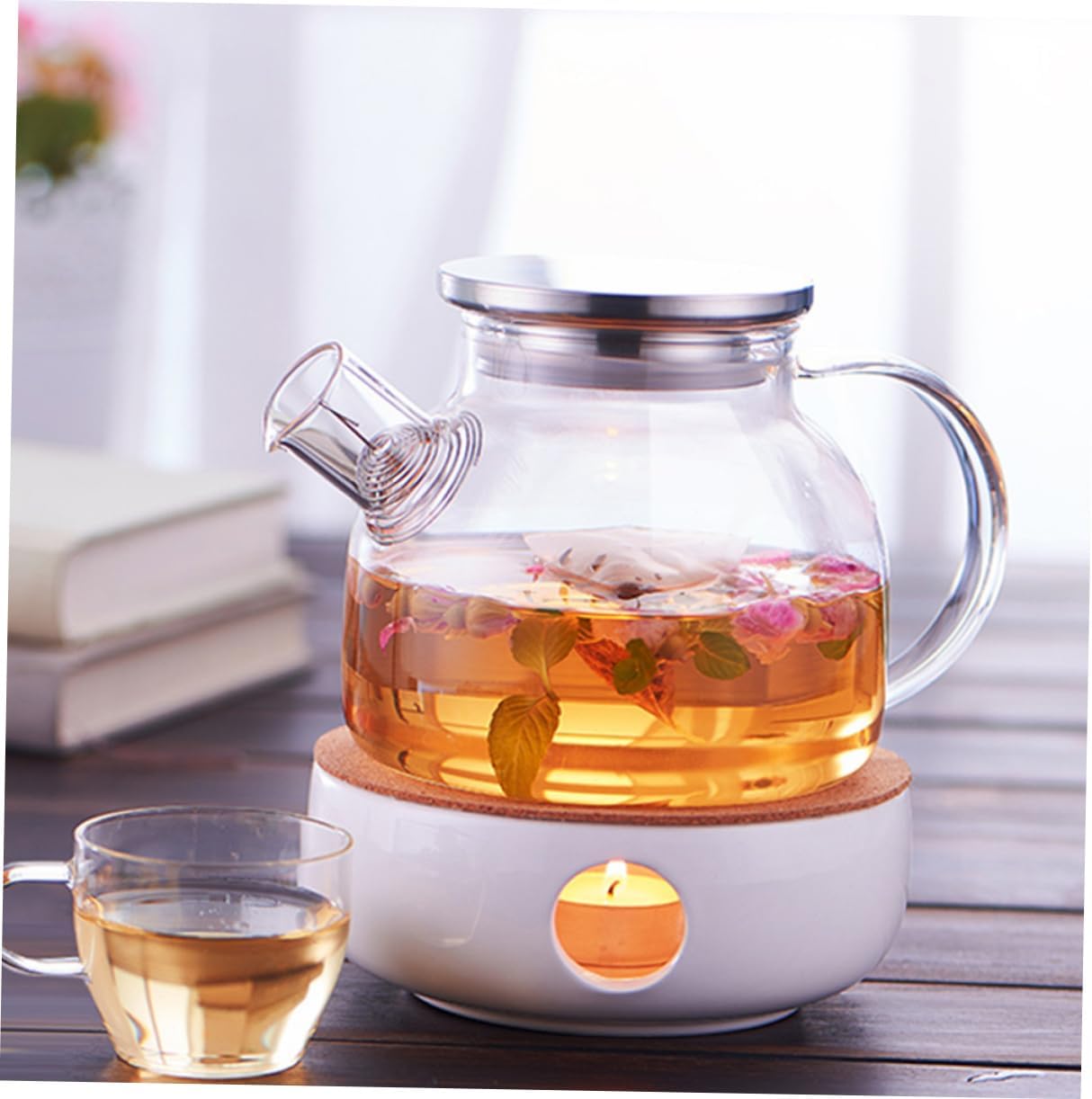 Mikinona 2pcs Borosilicate Glass Teapot Warmer Bamboo Lid Vintage Style Tea Pot