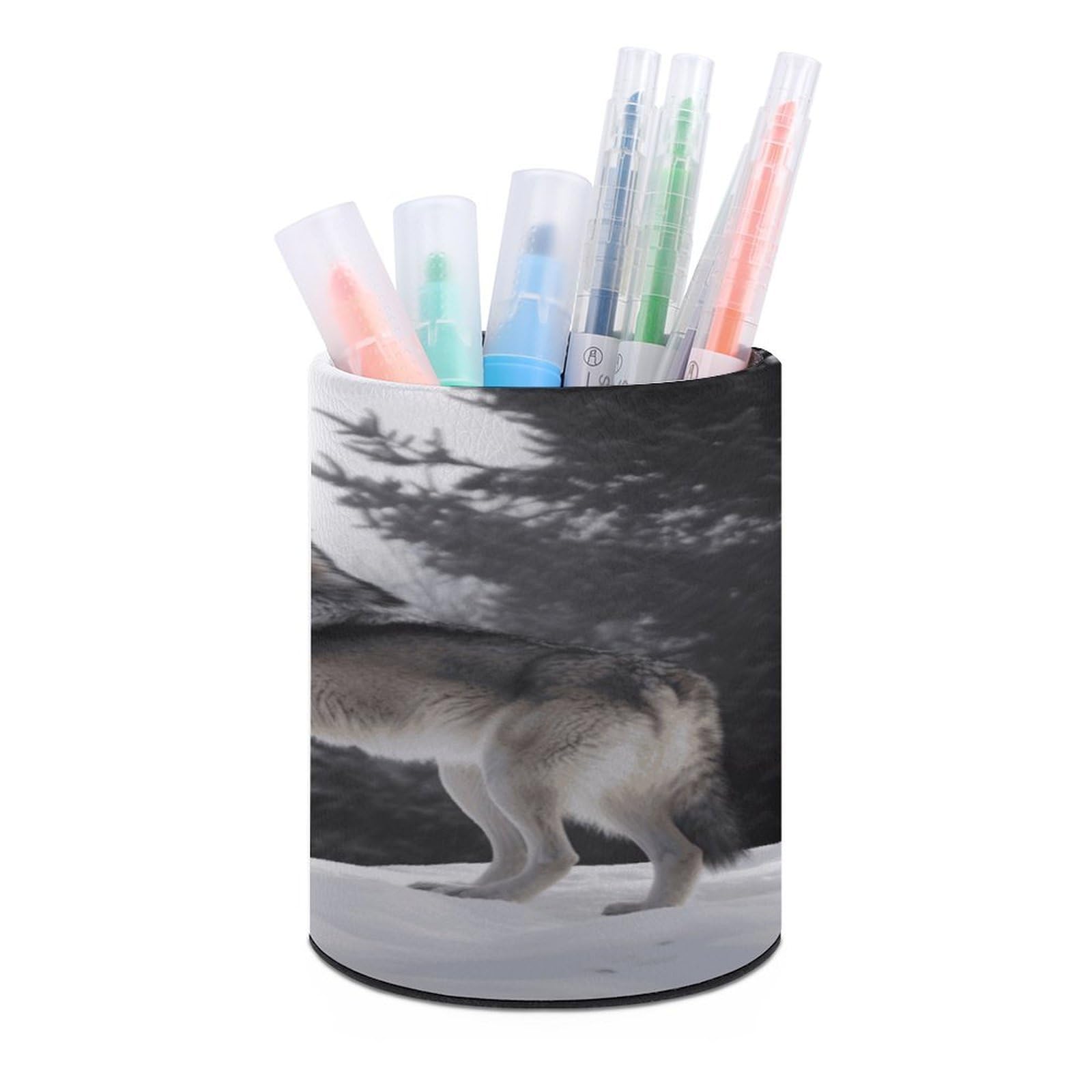 VstaDank Howling Wolf Pen Holder Leather Pencil Cup Round Pencil Holder for Desk Organizer Personalized Pen Cup Fashion Pen Organizer Makeup Brush Holders for Office Home&Gift