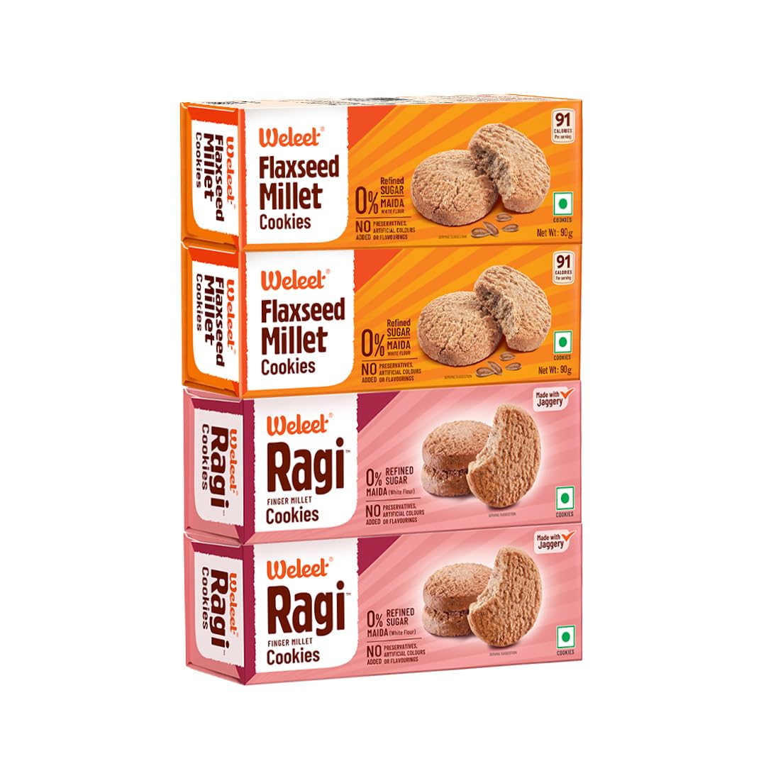 weleet flaxseed millet cookies & ragi finger millet cookies | healthy combo pack | no maida, no refined sugar | baked snack made with jaggery | 90g x 4 packs