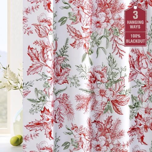 H.VERSAILTEX Christmas 100% Blackout Curtain Thermal Insulated Bedroom Curtains Back Tab/Rod Pocket Vintage Floral Curtains with Black Liner 2 Panels Set 84 Inch Christmas Red and Christmas Green