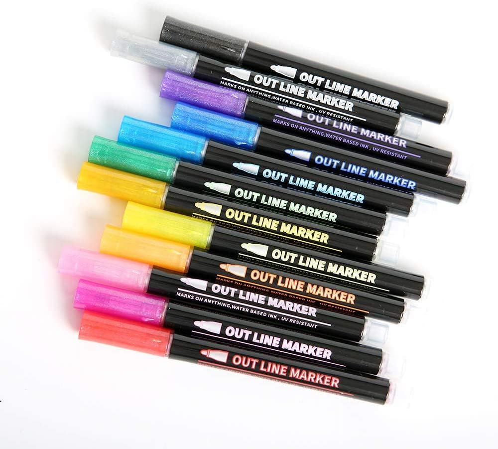  12Colors Shimmer Markers, Super Squiggles Outline Markers, Outline Markers Self-outline Metallic Markers, Shimmer Markers for Painting Drawing Gift Cards thumbnail