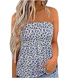 Women Sleeveless Tops Strapless Twisted Pleated Tank Blouse Floral Print Boob Tube top Summer Casual Shirts,Blue,XX-Large