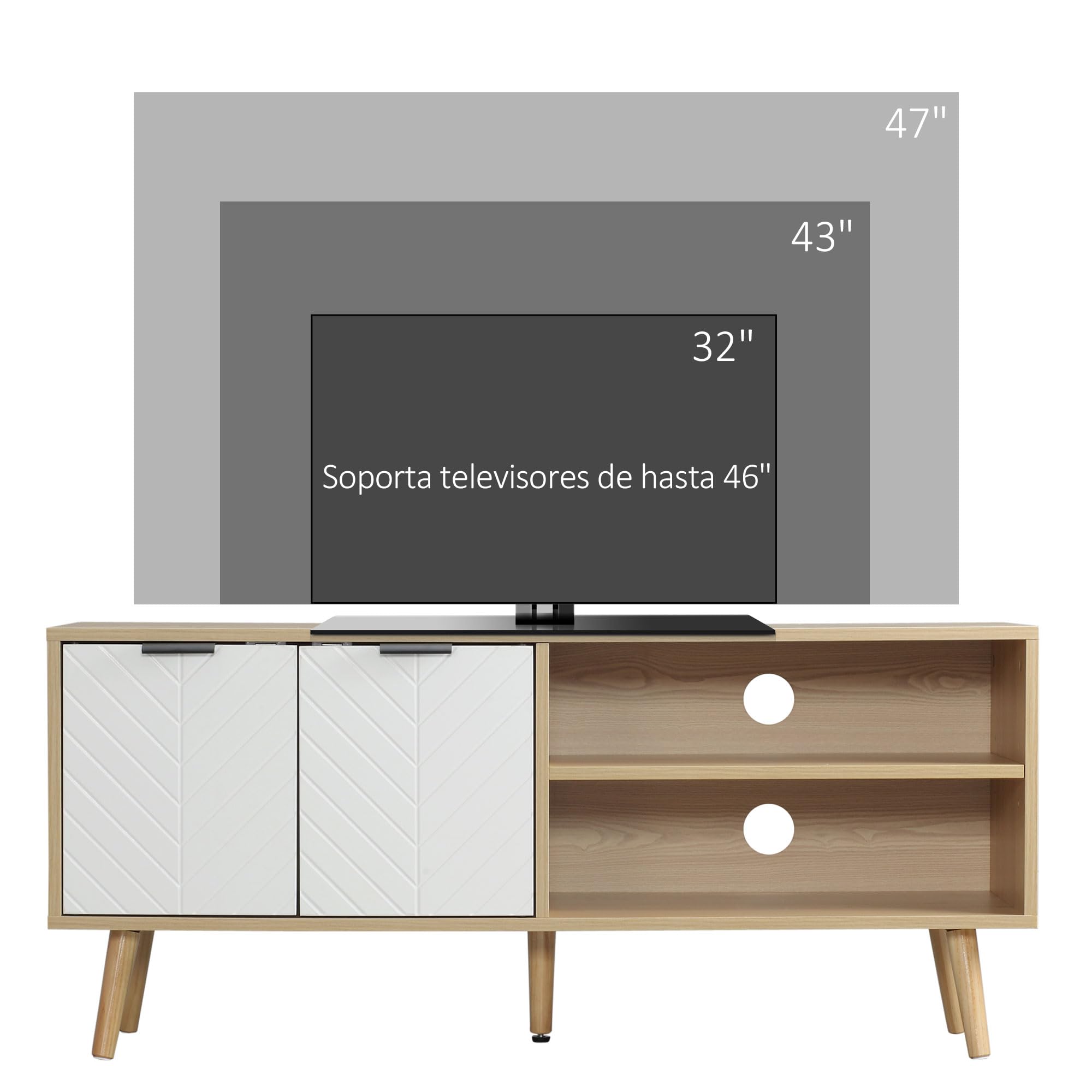 HOMCOM Mueble para TV Moderno Mesa para TV de Salón con 2 Puertas y 2 Estantes de Almacenaje para Televisores de hasta 46" para Dormitorio 110x39x48,8 cm Natural y Blanco