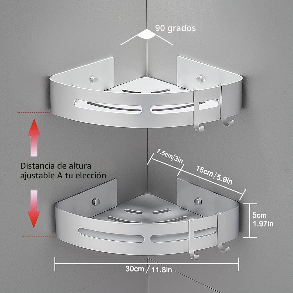 Estantes de Esquina de baño sin Taladro con Ganchos extraíbles Almacenamiento de Carrito de Ducha Adhesivo de Aluminio (Esquina)