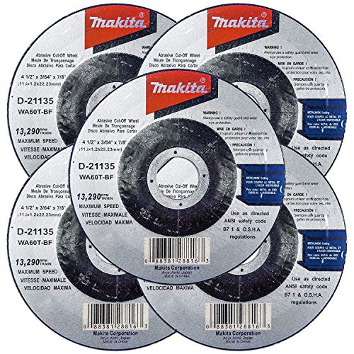 Makita 5 Pack - 4.5" Cut Off Wheels For Grinders - Flush Cutting For Stainless Steel & Metal - 4-1/2" X .045 X 7/8-Inch #TOP1