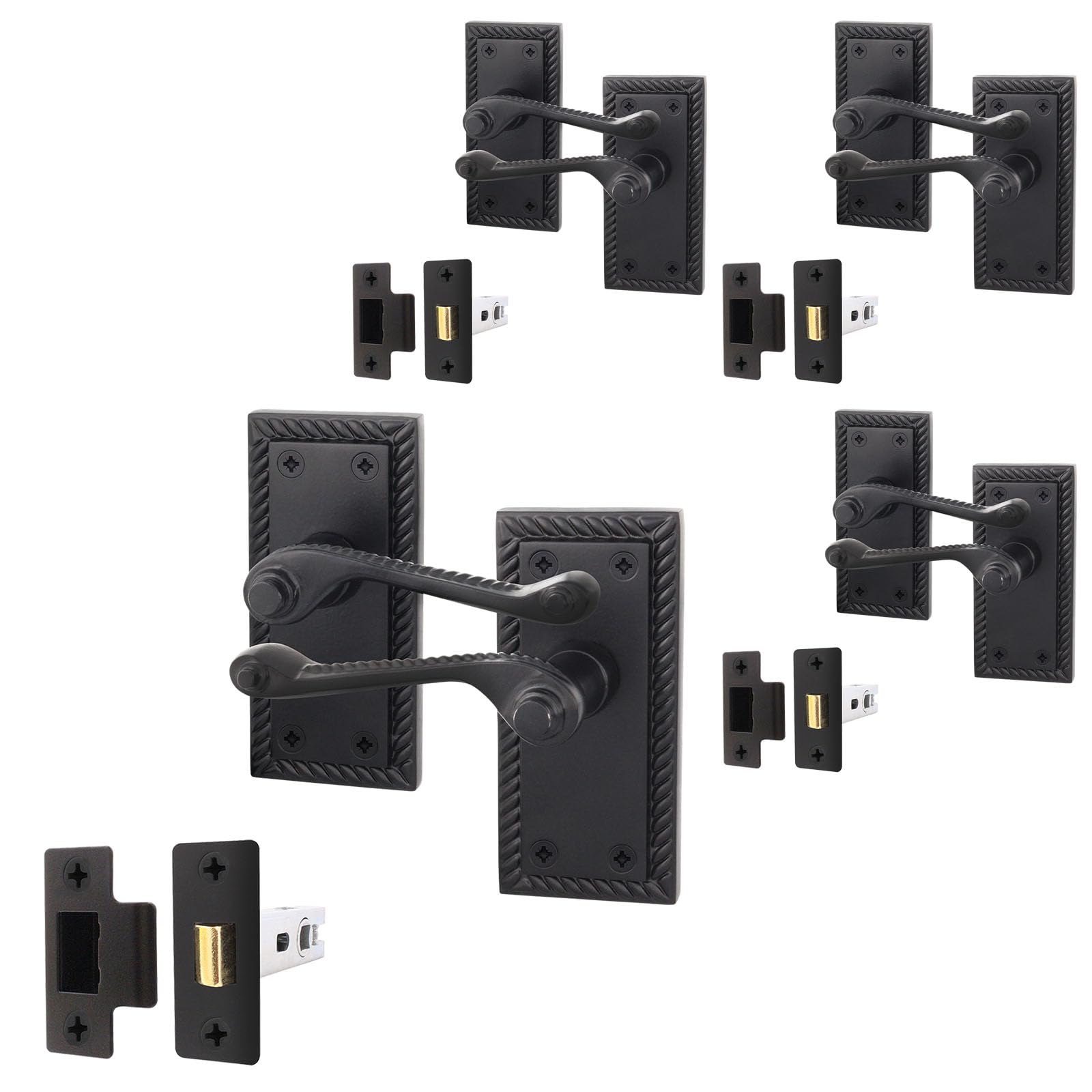 EAI Matt Black Door Handles with Latch 64mm, 4 Pack - Rope Scroll