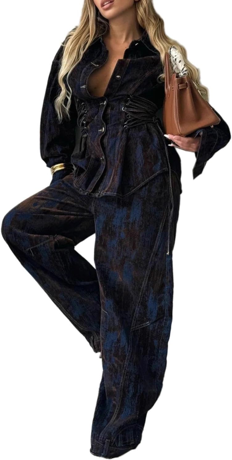 watersouprty Women's 2 Piece Outfits Print Slim Fit Button Jean Jacket Loose Baggy Pants Demin Sets