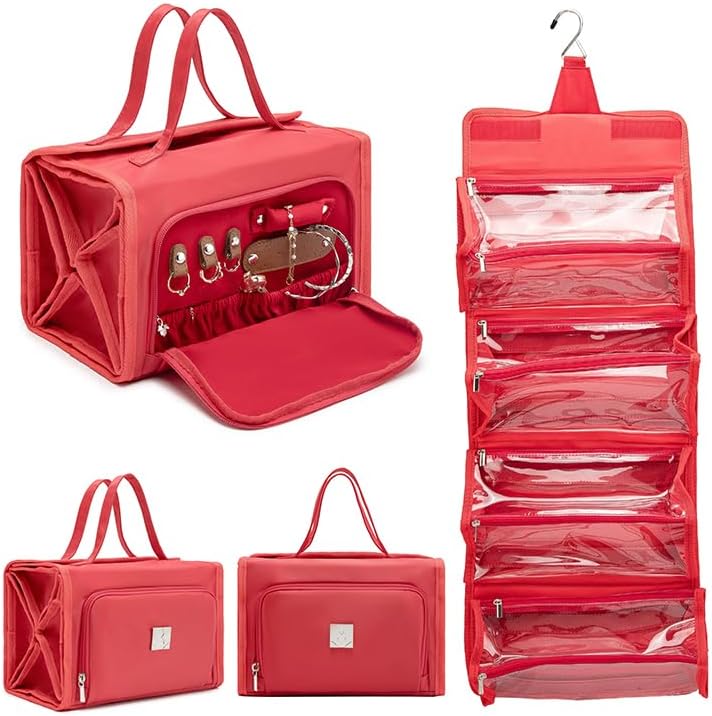 Necessaire organizadora dobrável ROYALFAIR com 4 compartimentos transparentes, fechamento com zíper, vermelha
