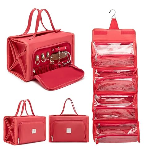 ROYALFAIR Roll Up Makeup Bag, Travel Toiletry Bag for Women with 4 Clear TSA Approved Pouches, Hanging Travel Organizer, Folding Cosmetic Bag for Men and Women (Red)