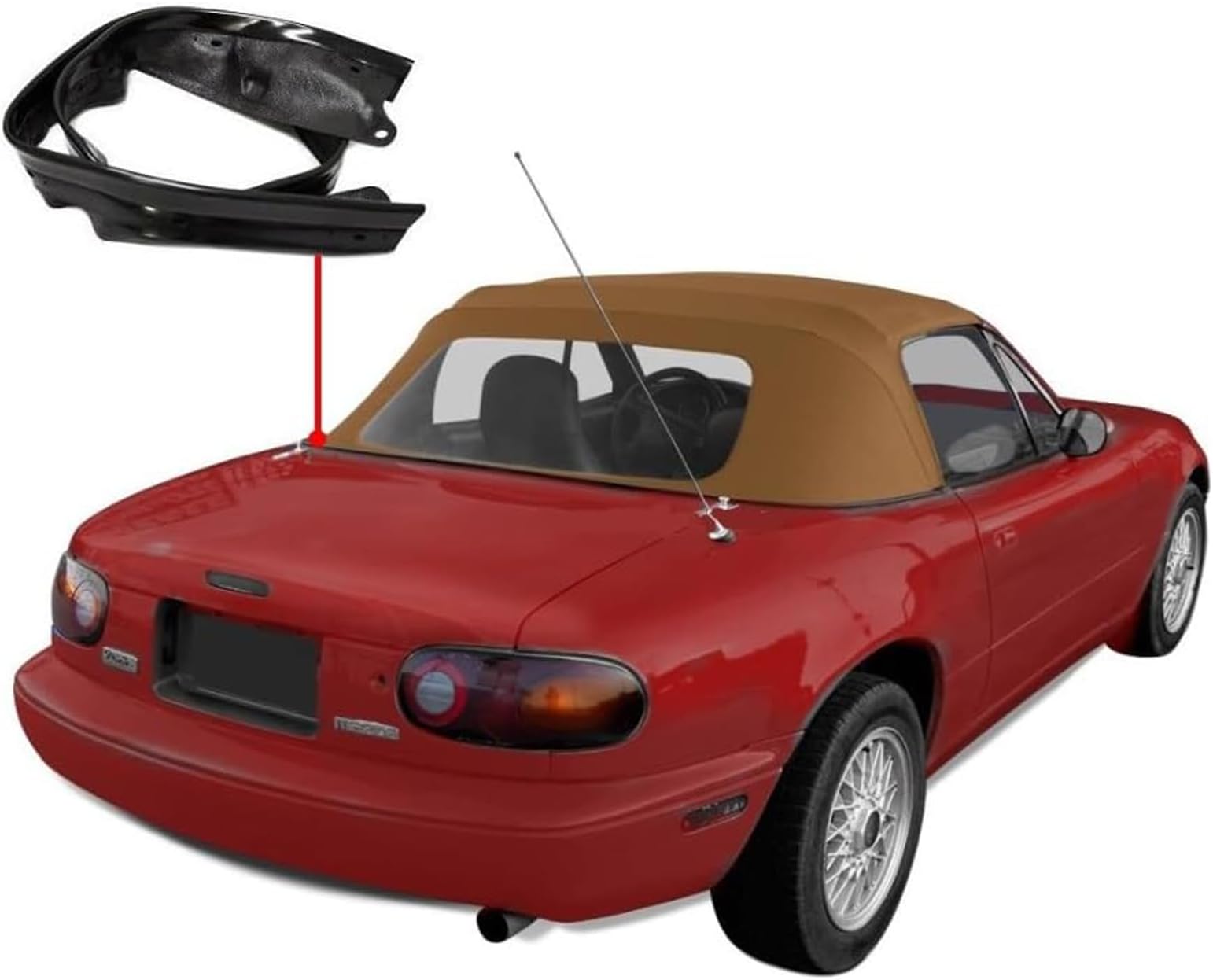 Compatible with Mazda Miata Convertible Top with Plastic Window & Attached (Pre-Installed) Rain Rail, 1990-2005 - (Tan)