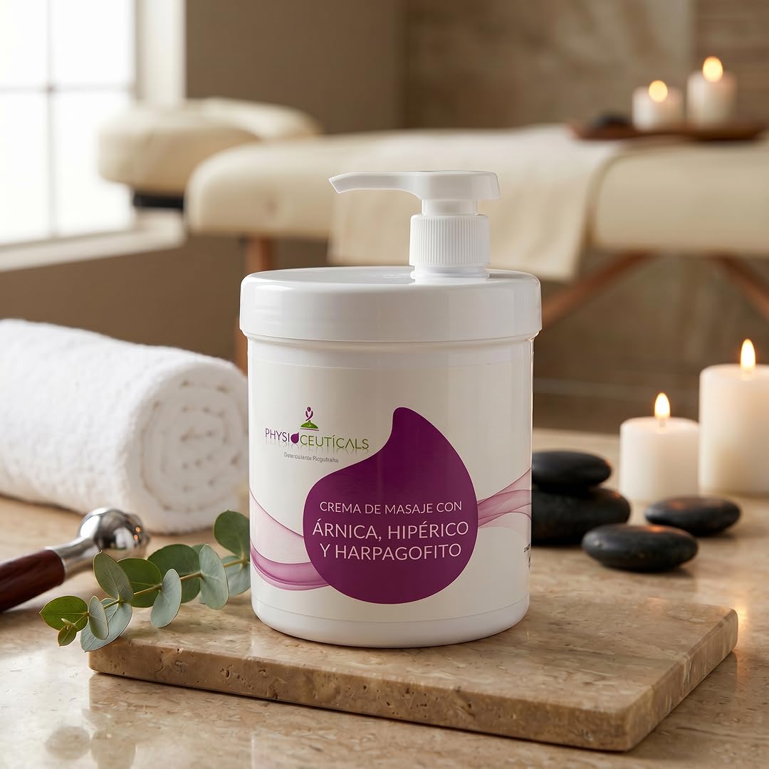 PHYSIOCEUTICALS - Crema Masaje Árnica Hipérico Harpagófito 1000ml + Dosificador - Uso Profesional, Especialistas, Fisioterapia y Quiromasaje profesional