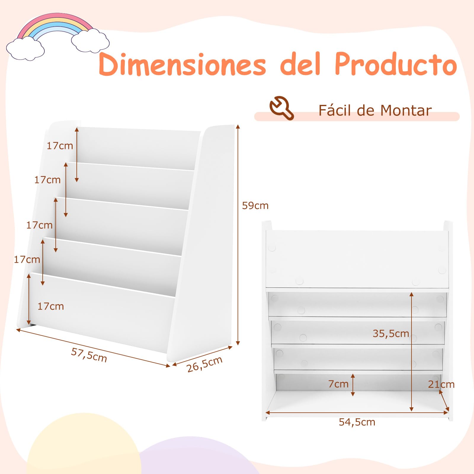 COSTWAY Libreria Infantil Montessori, Biblioteca Infantil de 4 Niveles, Estantería Libros Infantil con Almacenamiento Trasero para Guardería, Aula, Jardín de Infancia, 57,5 x 26,5 x 59 cm