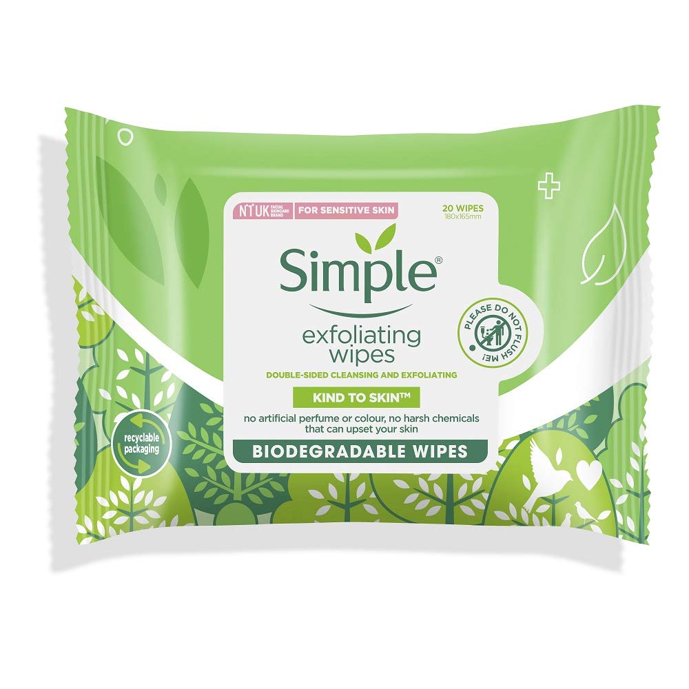 Simple Kind to Skin Exfoliating Hypoallergenic Biodegradable Facial Wipes for Sensitive Skin 20 wipes
