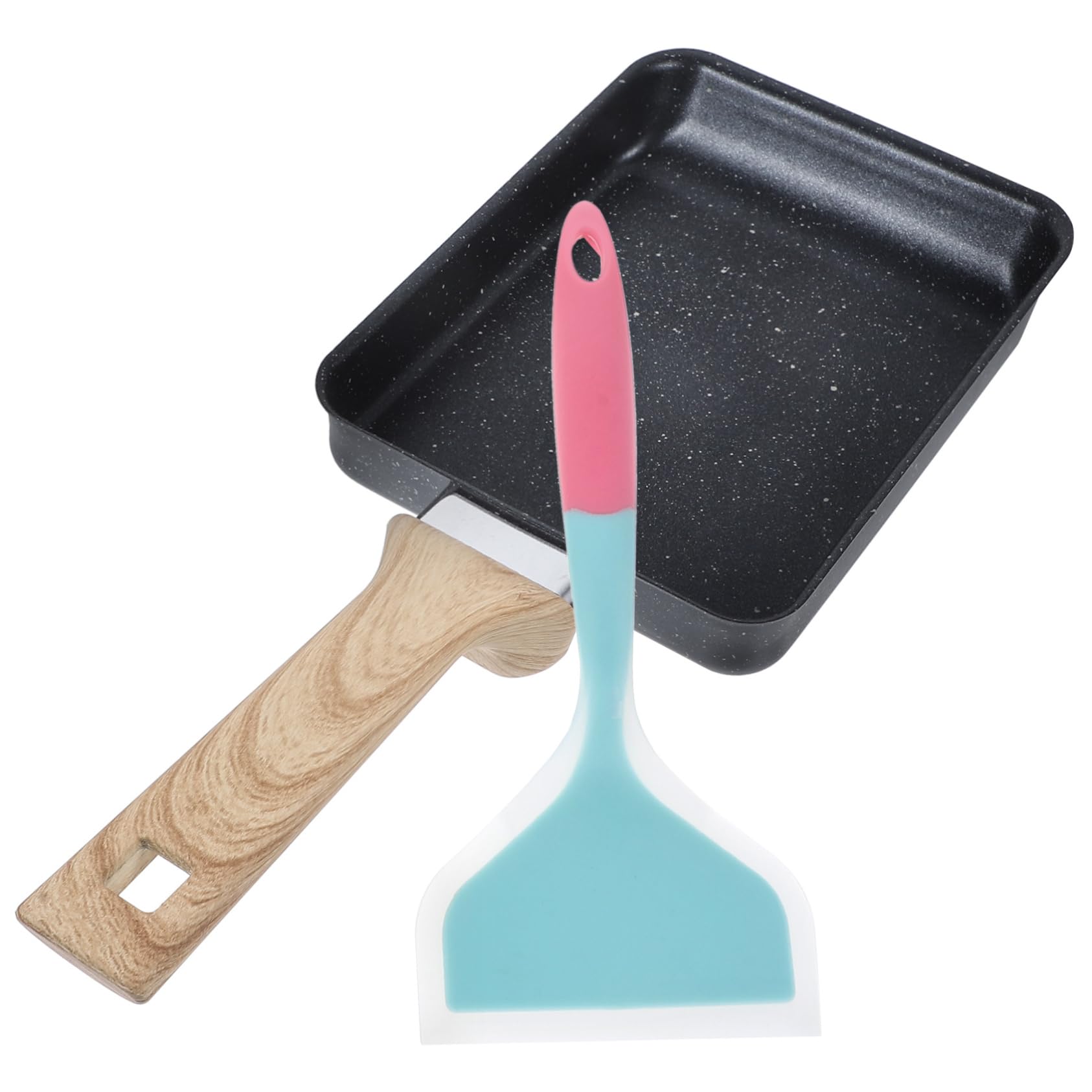 Padella Giapponese per Frittata Antiaderente Spatola in Silicone, Manico in Legno, Rettangolare, per Cucina di Casa