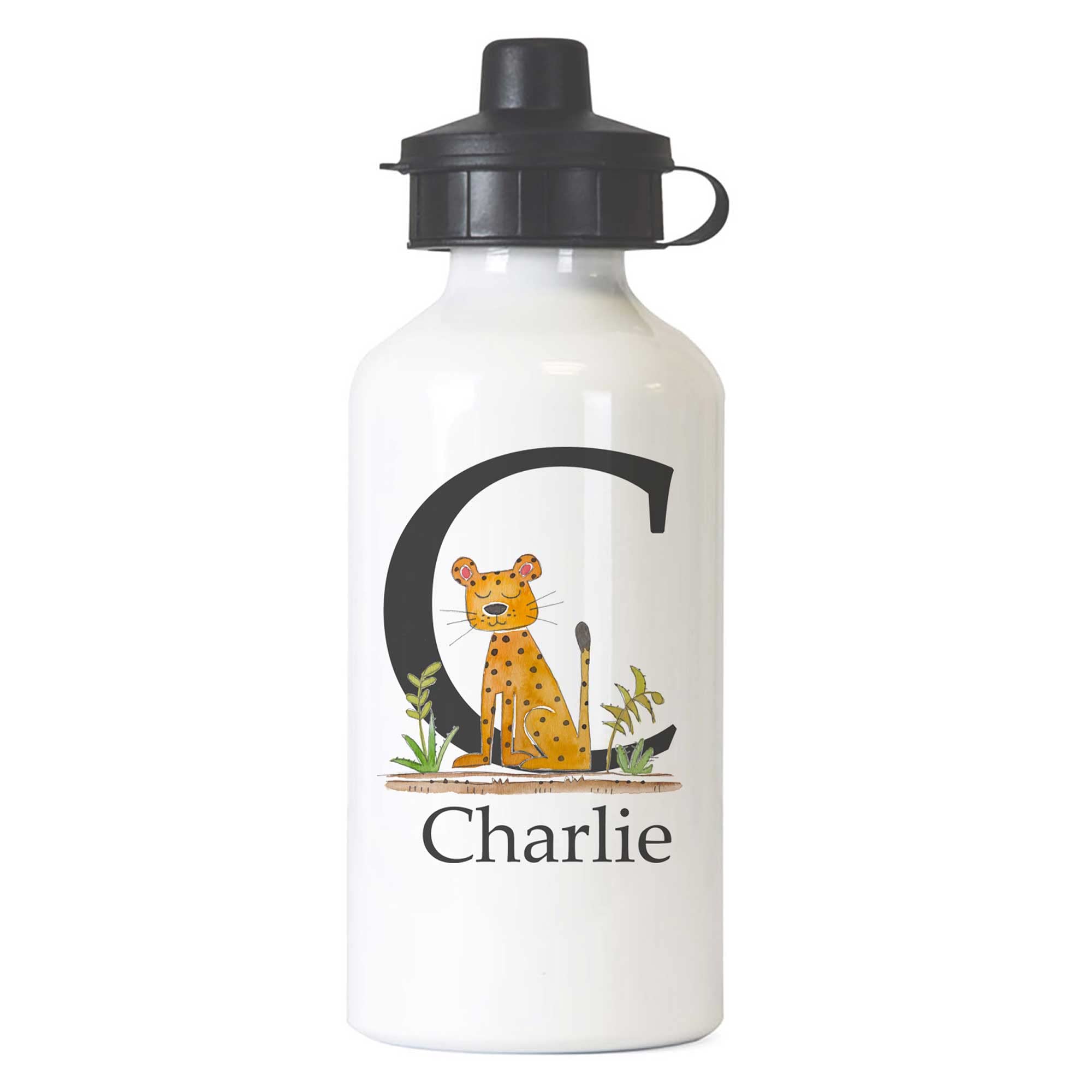 Tigerlilyprints Personalised Aluminium Water Bottle for Boys – 400ml –Kids School Sports Bottle, Metal print on both sides - more designs (Cheetah Initi) — image 1