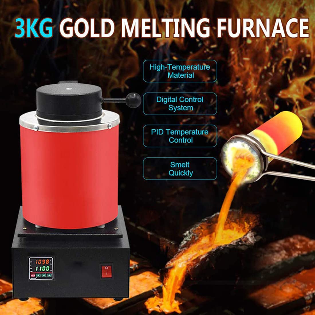 Forno di Fusione dell'Oro, Forno di Fusione Digitale Elettrico da 1400 W 2000 F Forno di Colata per raffinazione da 1100 ℃ con crogiolo di Grafite per Scarti di Fusione, Argento, Oro, Rame, Allumini