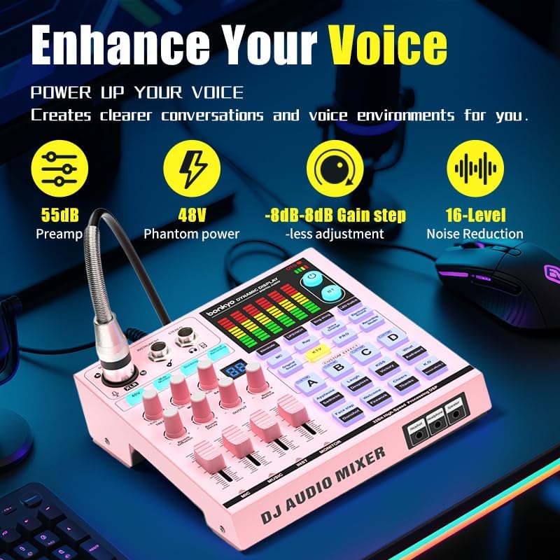 Podcast Equipment Bundle: SN800 Mixer with XLR Mic, Auto Ducking, 16-Level DeNoise, 4000mAh Battery, for Streaming, Singing, Recording, Compatible with PC/Phone/Bluetooth/Instruments - Image 4