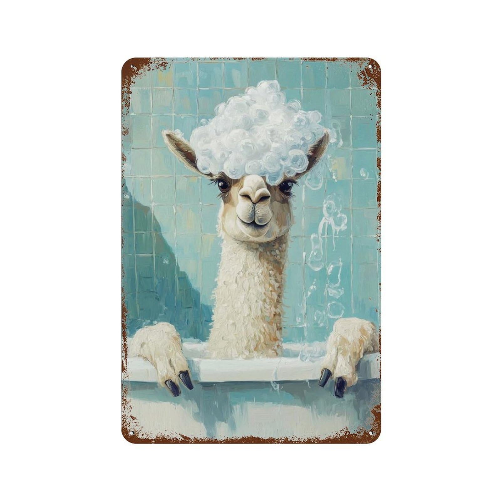 Llama Bath Time Rust Effect Tin Sign 11.8"x7.9", Vintage Wall Decor for Pub, Kitchen And Man Cave Decor