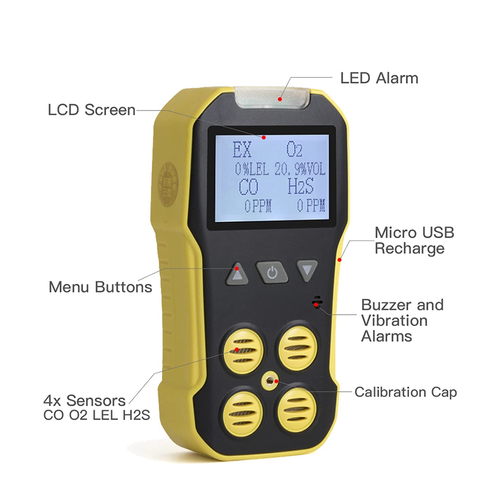 Monitor de Calidad del Aire Profesional Medidor de Gas de Detector de Gas múltiple O2 H2S CO LEL 4 En 1 Detector de Fugas de Gas Combustible de monóxido de hidrógeno de hidrógeno de oxígeno.