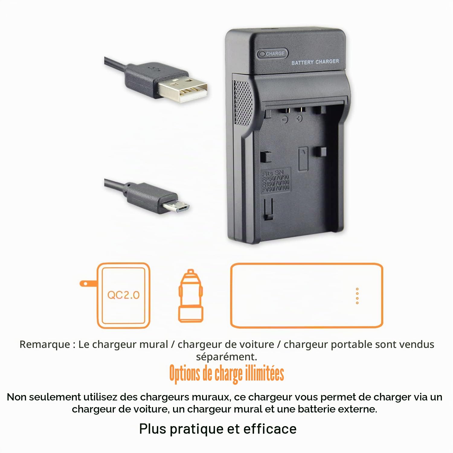 Lot de 2 Batteries Li-ION DSTE NP-FP50 + Chargeur Micro USB Compatible avec Sony DCR-DVD103, DCR-DVD105, DCR-DVD203, DCR-DVD205, DCR-DVD305, DCR-DVD92, DCR-HC20