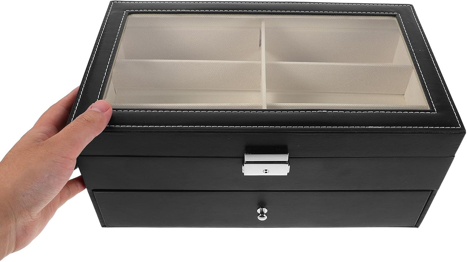 Uonlytech Double-layer Sunglasses Organizer Case with 12 Compartments, Pu Leather Eyewear Storage Box for Travel and Display, Soft Beige Interior Eyeglass Container for Men and Women