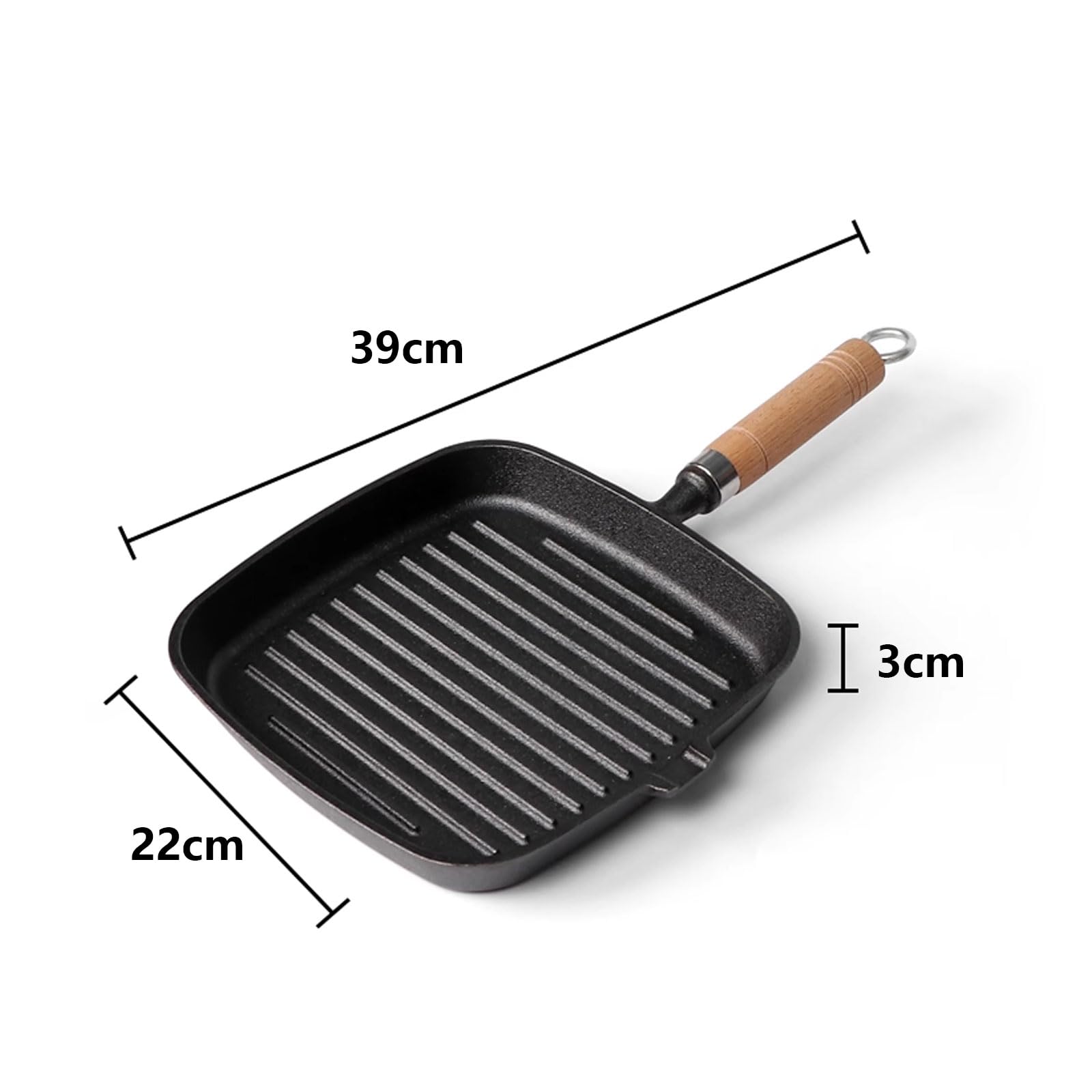 Kwadratowa żeliwna patelnia grillowa z wylewkami i drewnianym uchwytem do gotowania steków, warzyw, idealne naczynia do grillowania, 22 cm