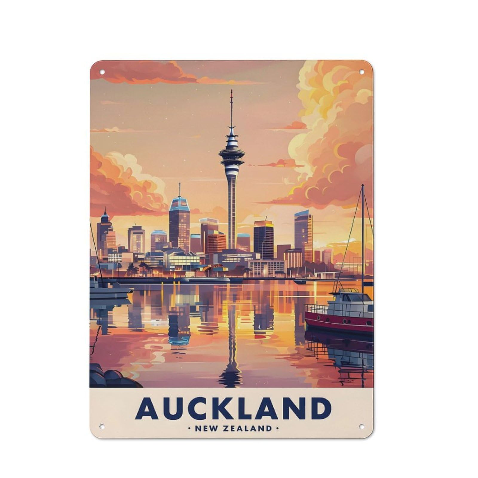 Junmoney Style-22 Auckland New Zealand Cityscape Cafe Metal Sign 40X30cm, Bistro Style Bistro Wall Plaque For Coffee Bar, Small Shop Or Dining Room