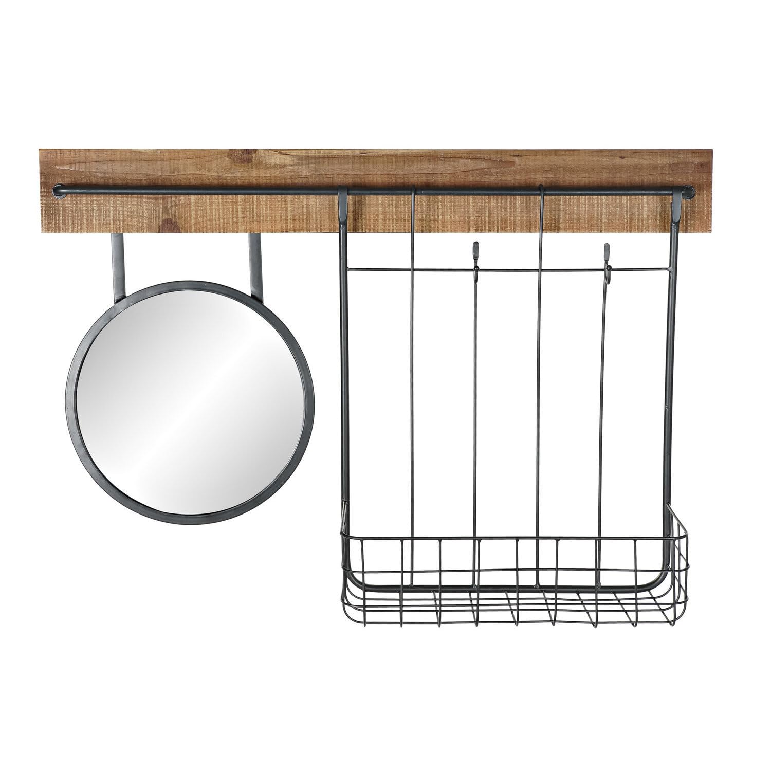 Miroir en sapin et métal style industriel avec panier de rangement naturel 80cm