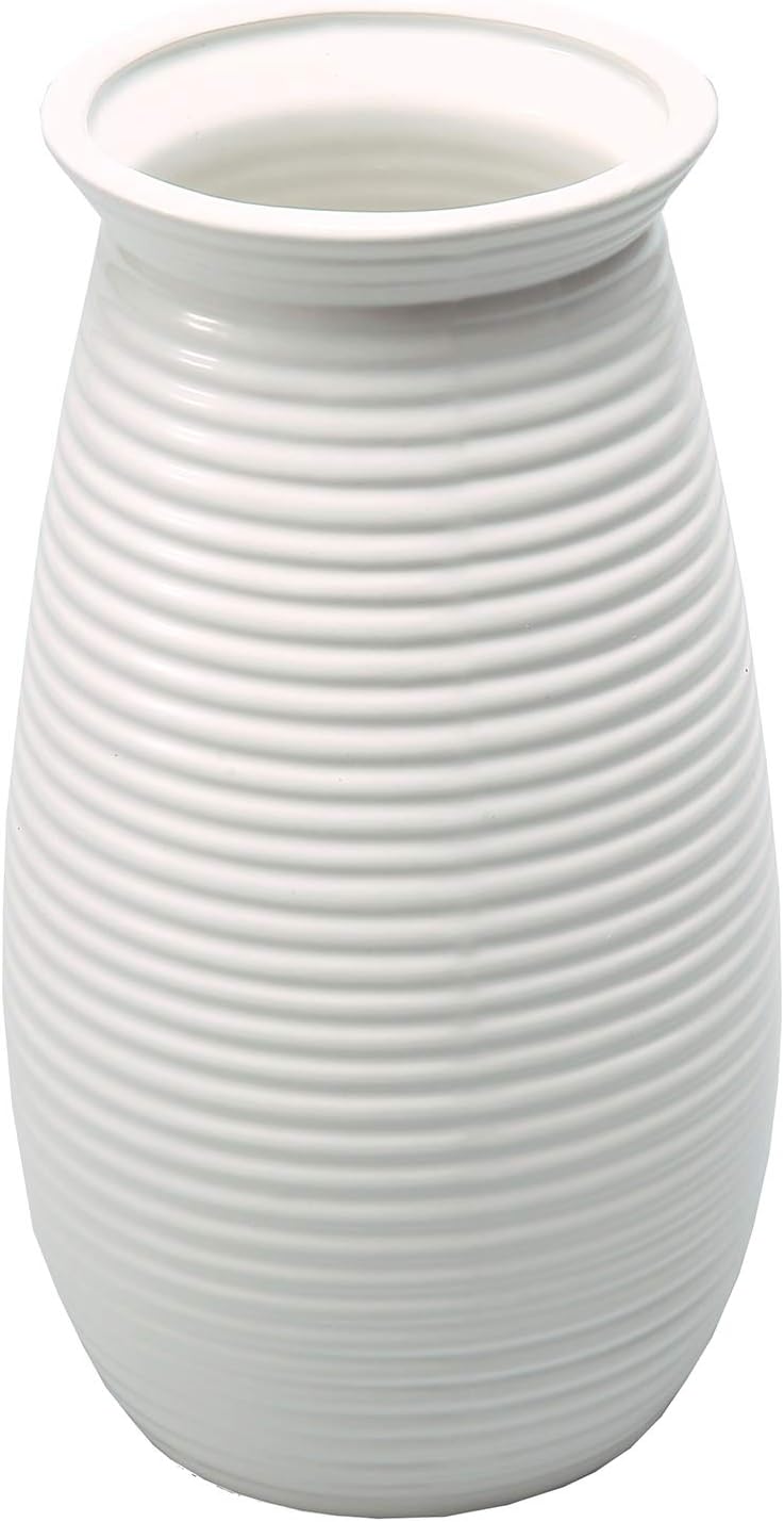 MyGift 8 inch Modern Ceramic Vase - White Ribbed Decorative Tabletop Floral Centerpiece, Home Decor Decoration Vase