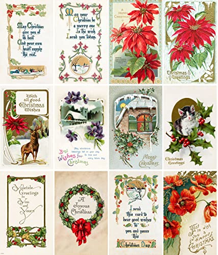 Image of PIXILUV CHRISTMAS WISHES (Pack of 12) Notecards Small Greeting Cards # Vintage Christmas Wishes Salutations with Red Flowers Wreaths and Wintery Scenes ~ Vintage Christmas Postcards Reprint