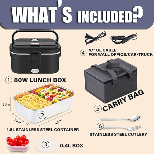 Miniatura 4 de Nifogo Fiambrera eléctrica para adultos de 80 W, 1.8 L, lonchera térmica más rápida para hombres, lonchera eléctrica portátil, calentador de