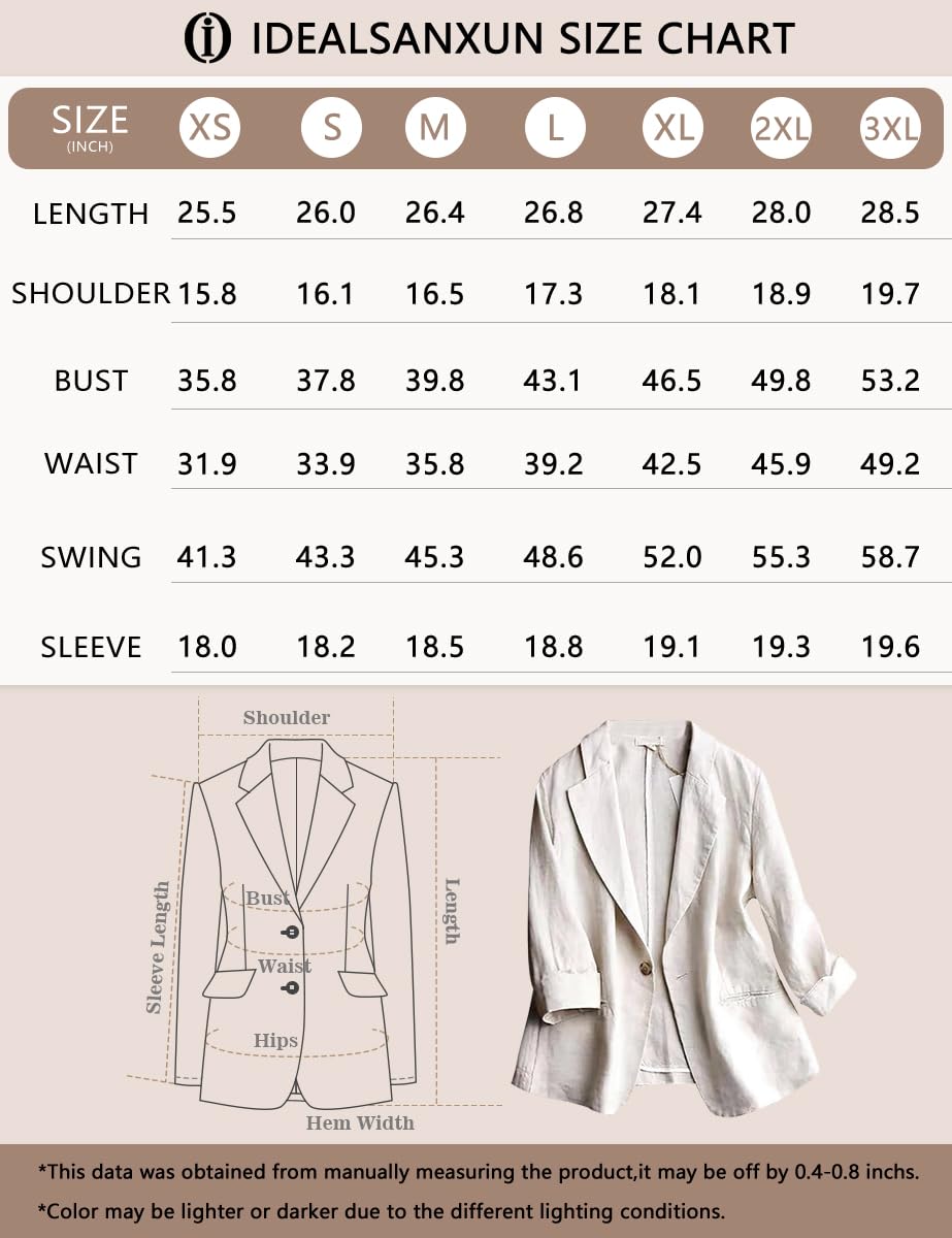 IDEALSANXUN, Blazer da donna in lino con maniche a 3/4, leggero, primaverile ed estivo