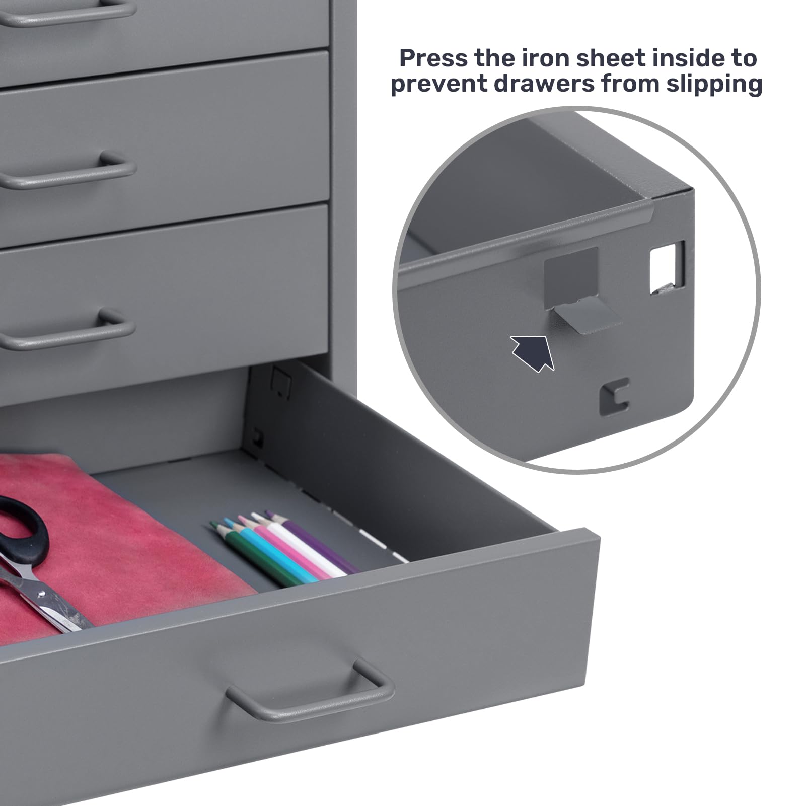 HollyHOME Cassettiera da scrivania con 4 cassetti, organizer verticale per documenti formato A4, cassetto in metallo per casa e ufficio, da assemblare, grigio