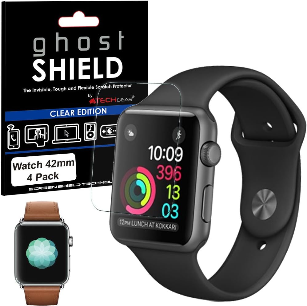 TECHGEAR [4 Pack] Screen Protectors to fit Apple Watch Series 3/2 / 1 42mm [ghostSHIELD Edition] Genuine Reinforced Flexible TPU Screen Protector Guard Covers with Full Coverage inc Curved Screen