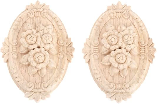 MUXSAM Wood Appliques Decorative Wooden Onlays, Rose Carved Ornaments for Furniture, Oval Center Carving Decals for Door Fireplace Cabinet Bed Dresser Stairs DIY Projects, 2Pcs, 30x22cm/11.81"x8.66"
