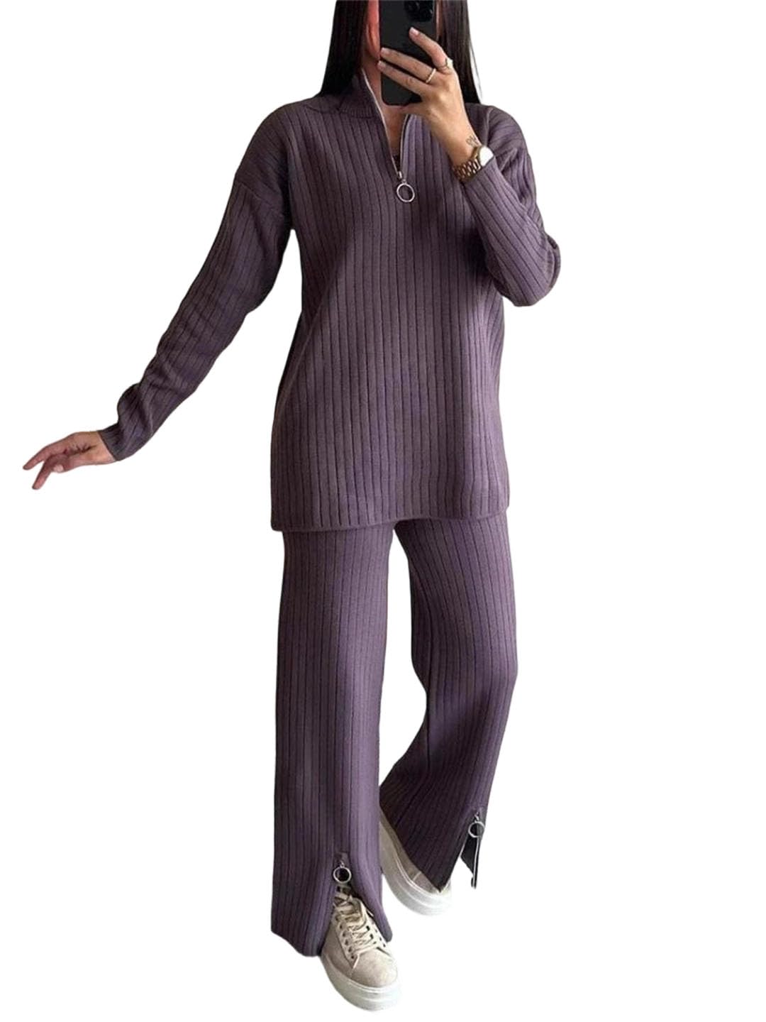 Womens 2 Pieces Set Elegant Long Sleeved Zipper Knitted Sweater Tops Casual Loose Pant Sets