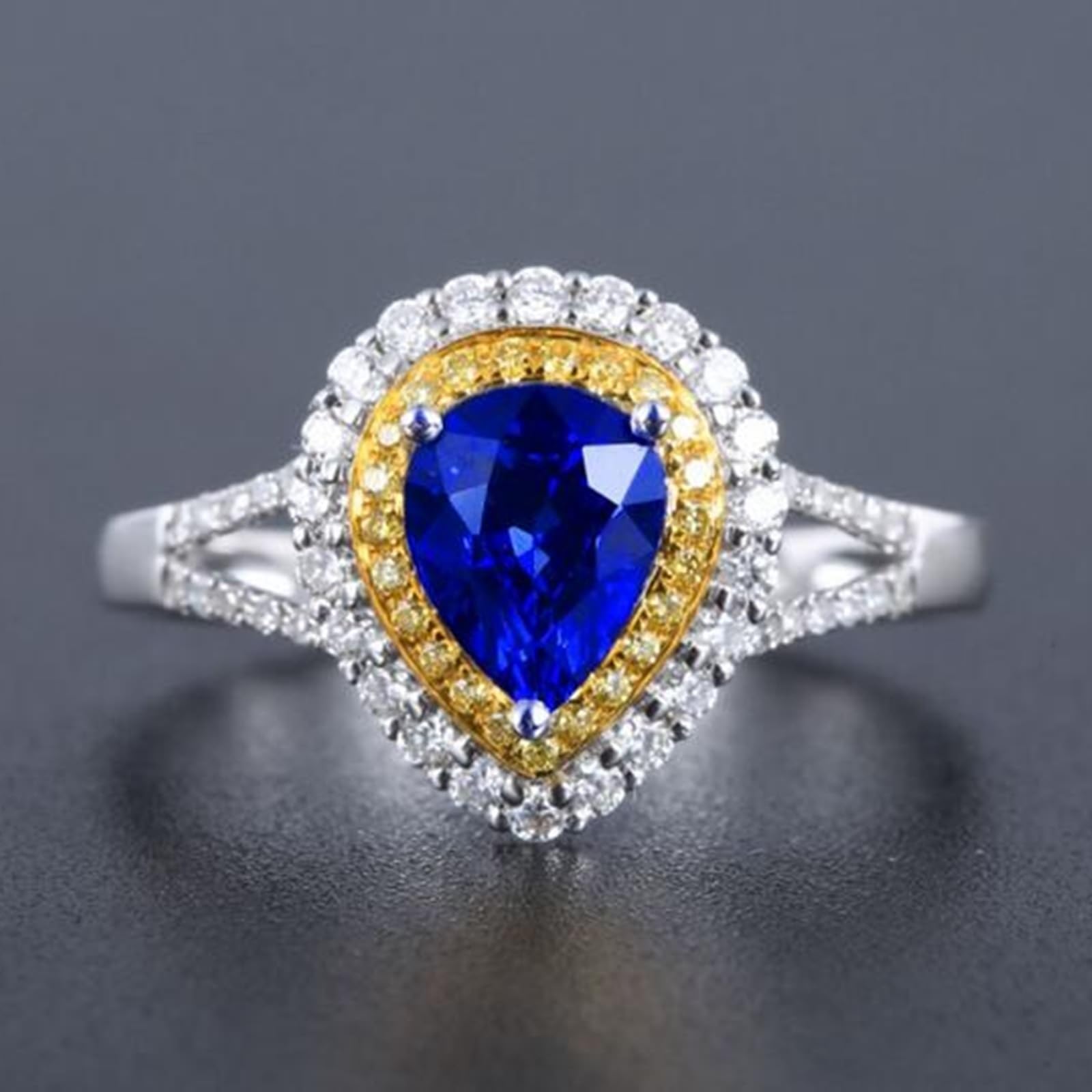 Fedi nuziali in oro bianco 18 carati blu zaffiro pera, anello da donna con zaffiro da 1,0 carati e diamante anello da donna