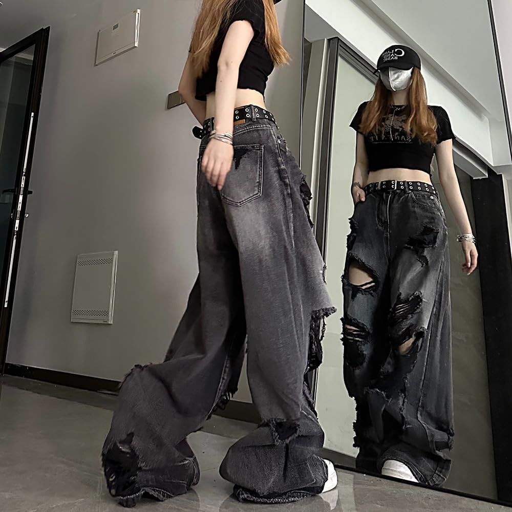 Women's Retro Casual Pants American y2k Sweet Cool Street Style Black Loose Wide Leg Straight Leg Ripped Jeans - Image 3