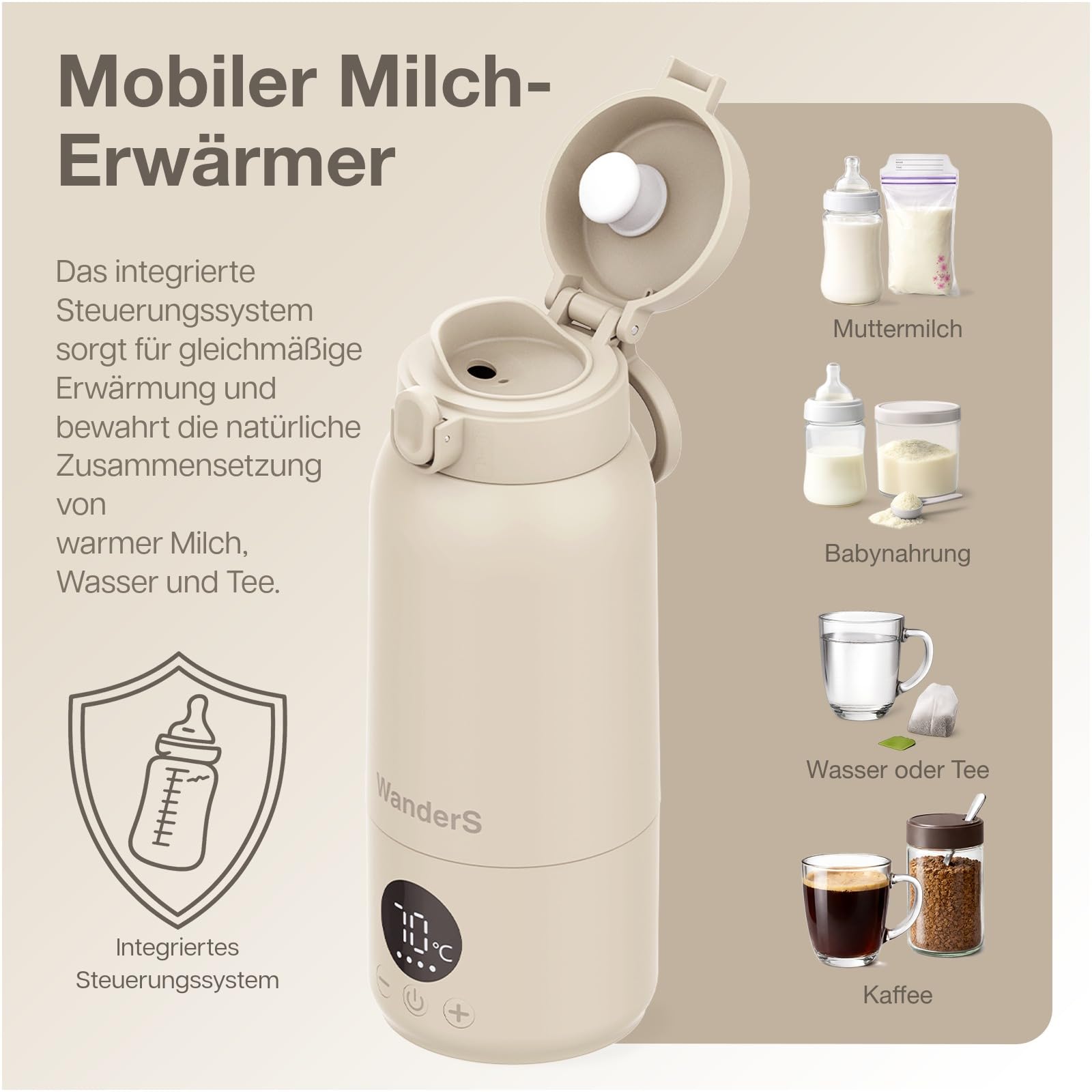 Tragbarer Flaschenwärmer Baby von WanderS – 500ML Milchwärmer mit Präziser Temperaturkontrolle, Integrierter Sterilisator, 316L Edelstahl, USB-C Schnellladung, IPX6 Wasserdicht & Sicherheitsverschluss