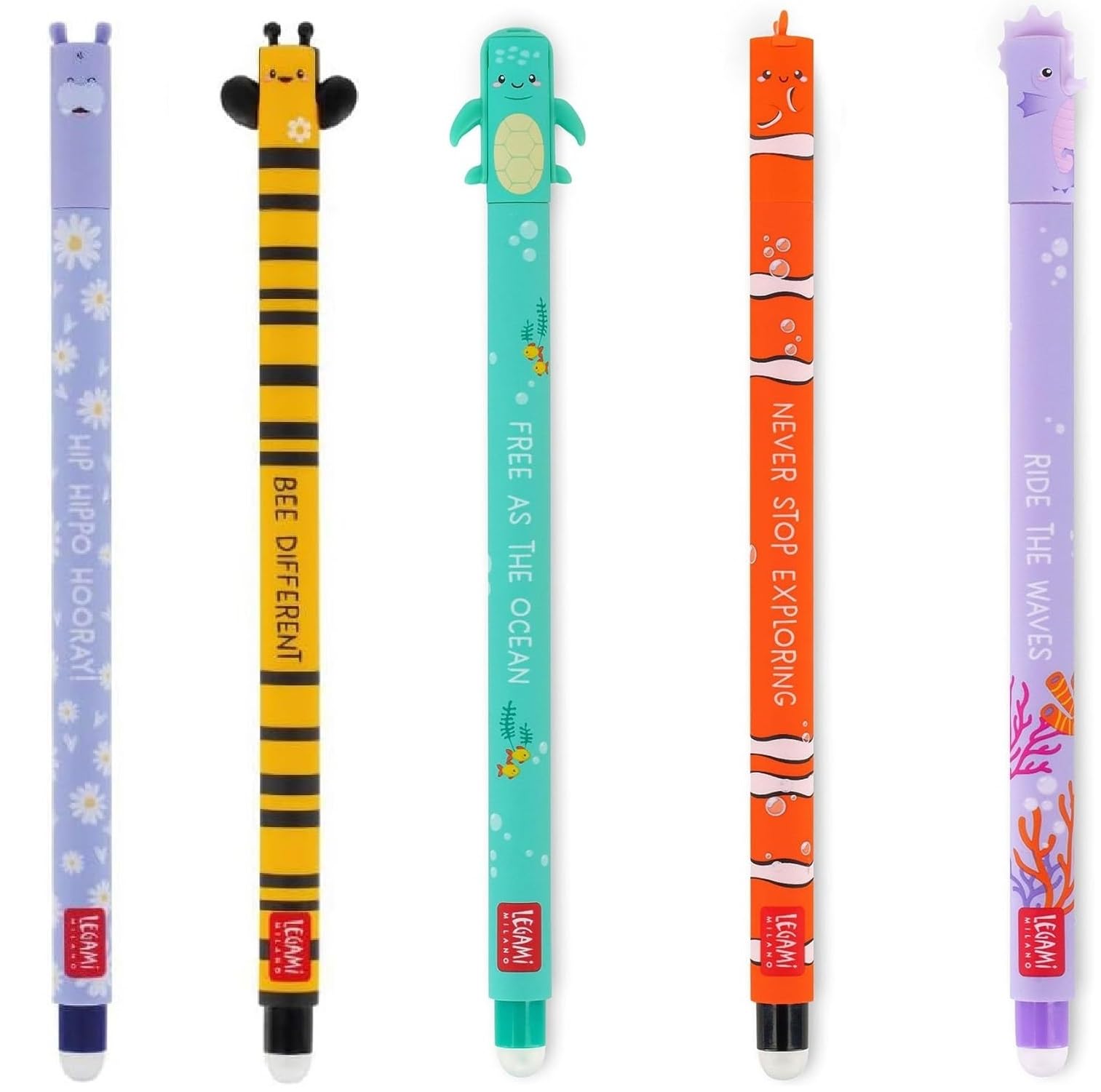 tinta unita Legami - Juego de 5 bolígrafos de gel borrables de borrado en seco (abeja, hippo, Sea Turtle, Clownfish y Seahorse)