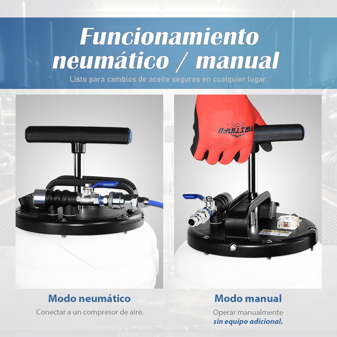 FIRSTINFO Extractor de Aceite Neumático/Manual 10,5L, Fabricado en Taiwán, con Manómetro, 5 Tubos de Aspiración, Sonda Ultrafina de 3,5 x 4,5 mm, A1107EUY5