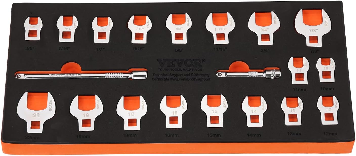 VEVOR Crowfoot Wrench Set, 3/8" Drive 20-Piece Crows Foot Wrench Set with 2 Extension Bars and EVA Tool Organizer,40CR Material with Mirror Chrome Finish, SAE 3/8"-7/8" and Metric 10-22 mm