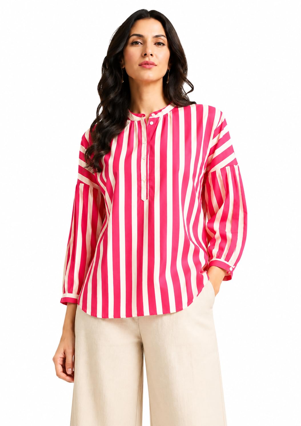 Candy Stripe Puff Sleeve Shirt for Women – Cotton Blend Striped Shirt, Chinese Collar, Puff Sleeves, Button-Down Front, Relaxed Fit, Casual & Everyday Wear-picture-52