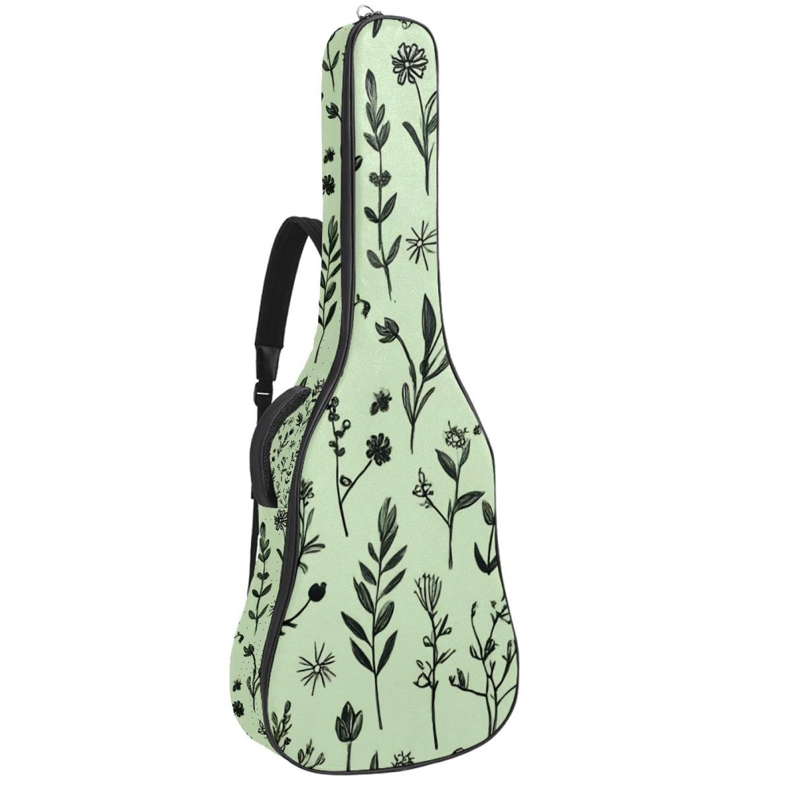 Flowers Leaves and Branches on Sage Green Background Acoustic Guitar Gig Bag, 1 cm Thick Padding Waterproof Guitar Case Backpack with Dual Adjustable Shoulder Strap for 40-42 Inch Guitar