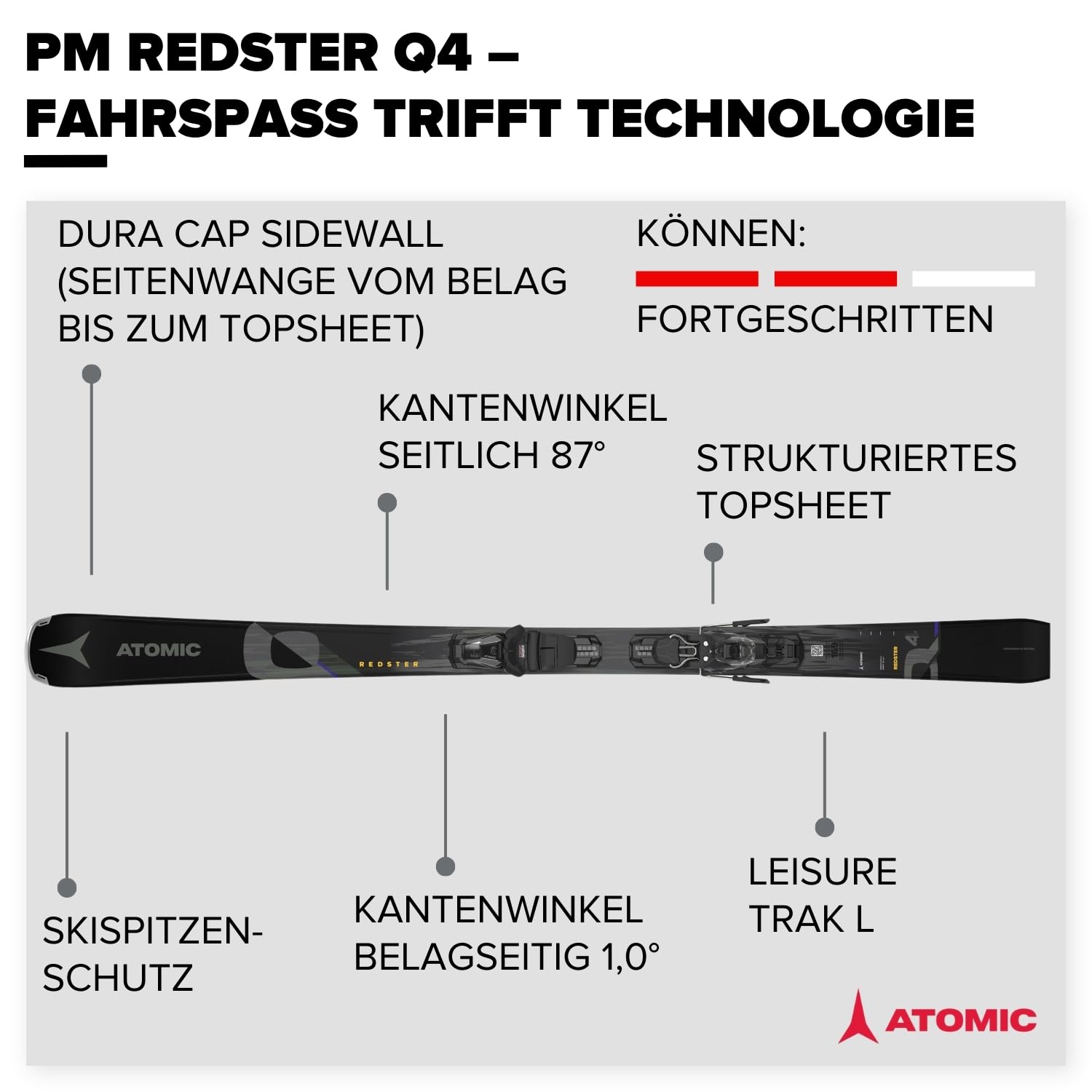 ATOMIC PM REDSTER Q4 Ski - Graue Skier - Leichter Herren & Damen Ski - Alpinski & Carvingski - Damen & Herren Skier mit Bindung (voreingestellte M 10 GW Bindung)