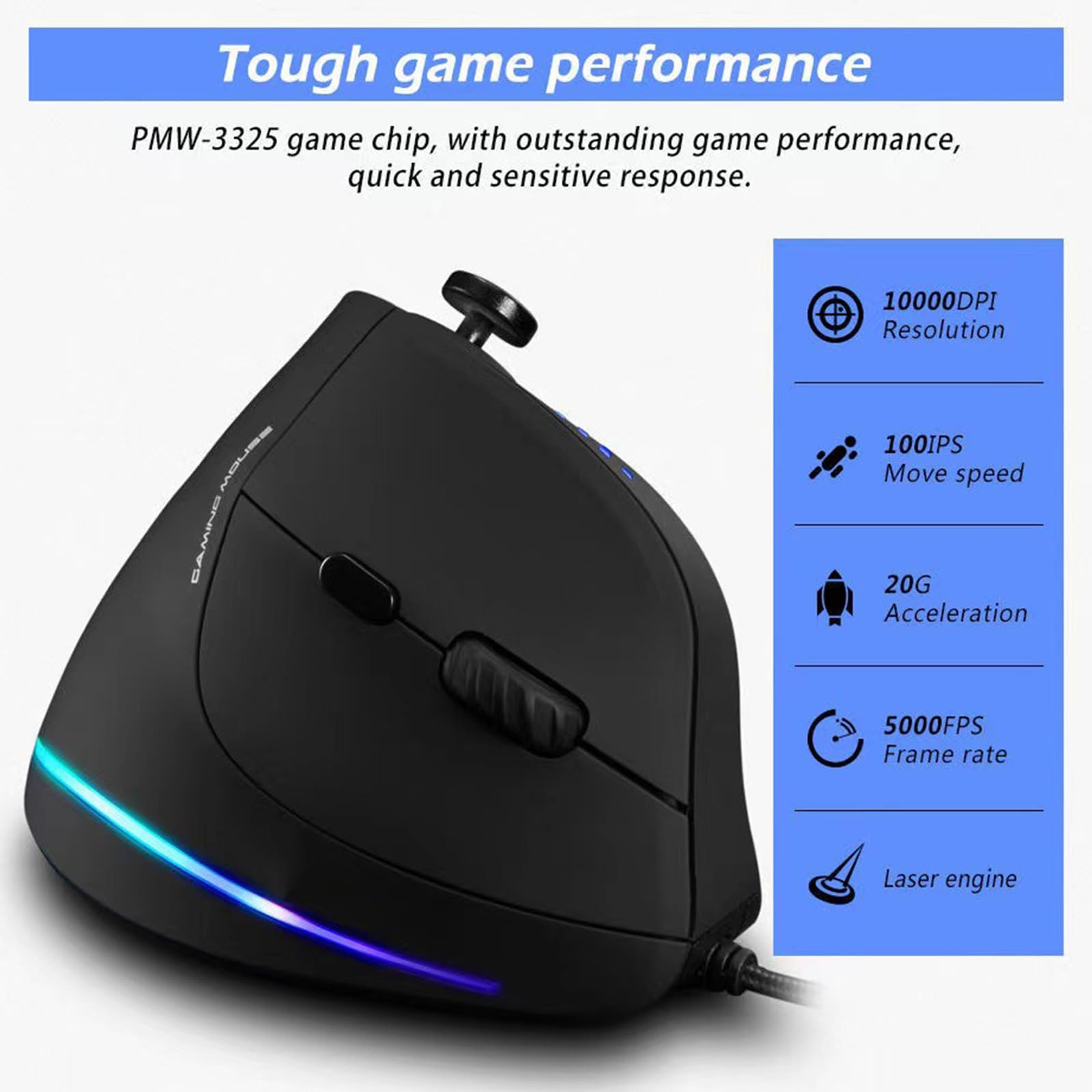 PLCPDM Da gioco verticale Joystick ergonomico con cavo programmabile 10000 DPI per Giocatori computer Accessori per